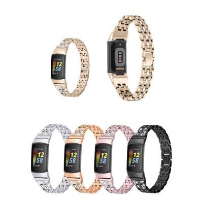 China Stainless Steel Two-Row Five-Pearl Diamonds Metal Alloy Band For Women Diamond Bracelet Adjustable Loop Fitbit Charge 5 Watch Accessories for sale