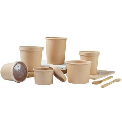 China Disposable Round Oatmeal Brown Paper Bucket With Lid Instant Noodle Soup Cup for sale