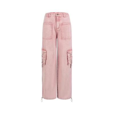 China QUICK DRY Factory High Street Buttoned Hip Hop Washed Multi-pocket Loose Women Denim Pants Pink for sale