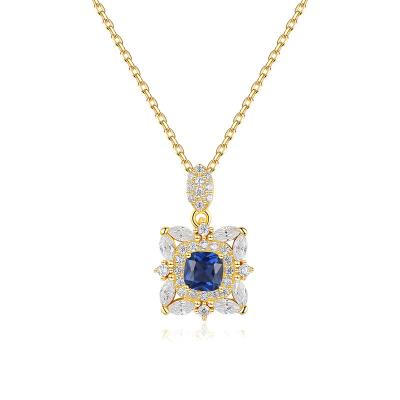 China Luxury Vintage 925 Silver Jewelry Yellow Gold Zircon Flower Square Plated Blue Pendant Necklace For Women for sale