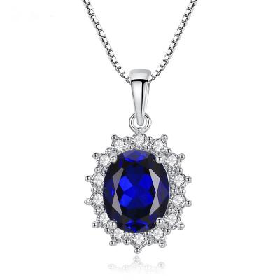 China Luxury Vintage Jewelry 925 White Gold Oval Zircon Flower Silver Plated Blue Pendant Necklace For Women for sale