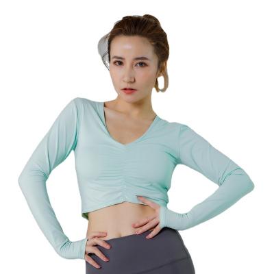 China Breathable Yoga Long Sleeve V-Neckline Pleated Top For Women With Chest Protection Quick Dry Stretch Workout Wear Sport Tight Diet Running T-Shirt for sale