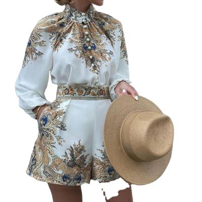 China Autumn and winter QUICK DRY women printed long sleeve blouse and set shorts two-piece suit for sale