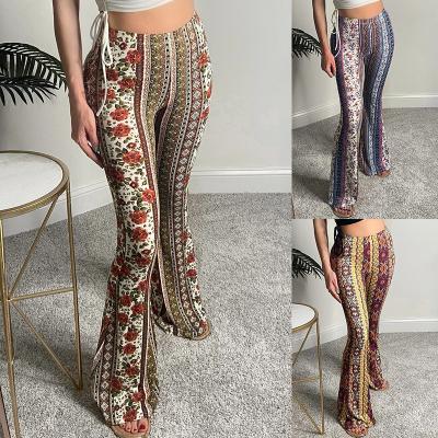 China Antistatic Super Quality Womens Micro Boho Pants Printed Flare Pants High Waist Fashion Gaiters for sale