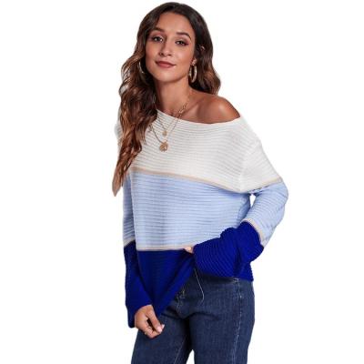 China Anti-wrinkle hot sales fall/winter new color contrast big stripe one-neck knit loose casual sweater women fashion sweater for sale