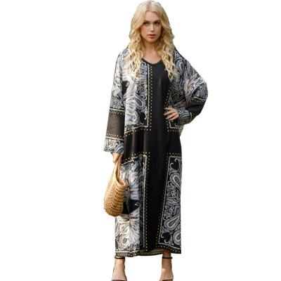 China wholesale Anti-wrinkle skirt polyester V-neck black printed casual dresses fashion loose dress Middle East plus size long dress for sale