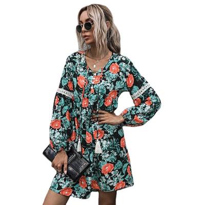 China Autumn Women Short Sleeve Print Summer Dress V-Neck Ruffle Anti-wrinkle Women's Spring Hem Casual Short Dresses for sale