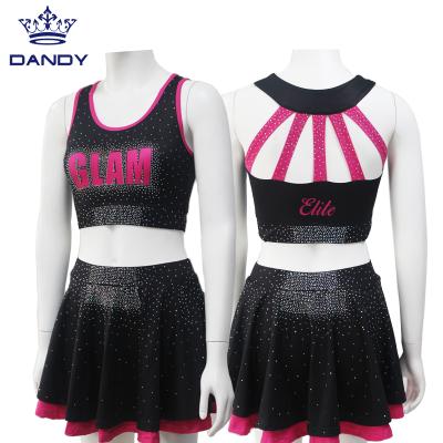 China Polyester Dance Practice Wear Rhinestone Sublimation Cheer Sports Bra And Border Girls Customized Cheerleading Uniform for sale