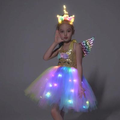 China Unicorn Dress LED Light Up Dresses Girls Christmas Costume Top Gold Sequin For Birthday Party Cosplay Halloween Gift for sale