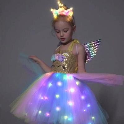 China Unicorn Dress LED Light Up Dresses Girls Christmas Costume Top Gold Sequin For Birthday Party Cosplay Halloween Gift for sale