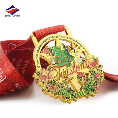 China Europe Longzhiyu Custom 2022 Soft Enamel Round Metal Engraving Christmas Tree Medal With Ribbon Hollow Medallion for sale