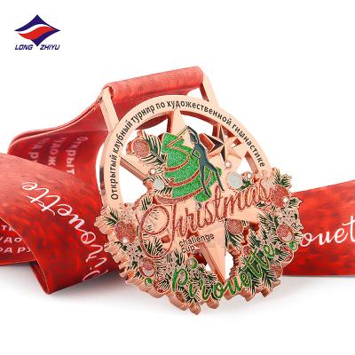 China Europe Longzhiyu Customized Shining Christmas Tree And Flower Hollow Out Metal Dance Challenge Cup Medal for sale