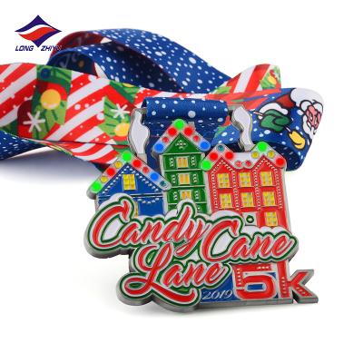 China Europe Longzhiyu Custom Enamel Santa Colorful House 5K Race Soft Candy Cane Lane Medal / Walk With Ribbon for sale