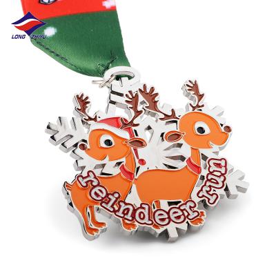 China Europe Longzhiyu Custom Soft Enamel Metal Christmas Double Reindeer Shaped Medallion Medallion With Ribbon for sale