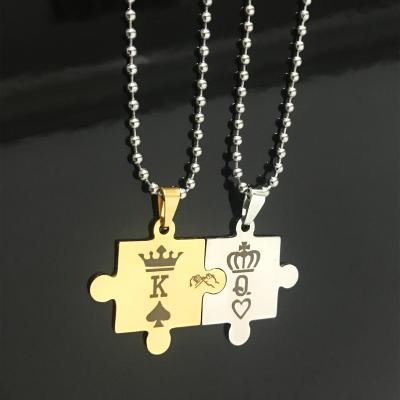 China TRENDY 2Pcs/Set Men Women Fashion Stainless Steel Jewelry Puzzle Necklace King And Queen Crown Engraved Pendant Necklace For Couple for sale