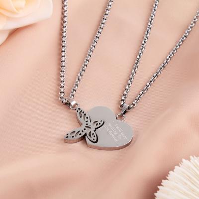 China TRENDY 2 Pcs/Set Stainless Steel Couple Necklace Love Forever Engraved Puzzle Butterfly Heart Necklace for Couple Love Valentine's Day for sale