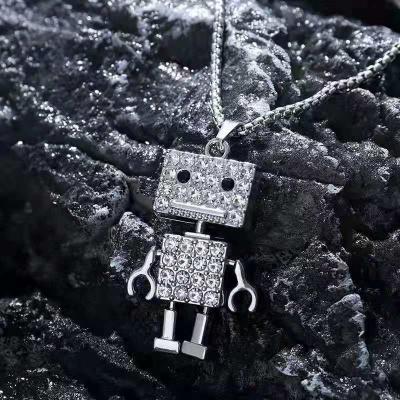 China TRENDY 2023 Hip Hop Jewelry European Titanium Steel Rhinestone Robot Sweater Necklace Stainless Steel Box Chain Pendant Necklace for sale