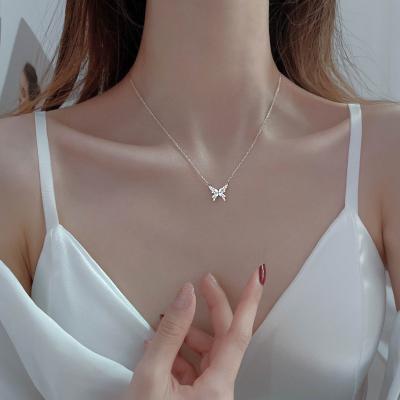 China TRENDY Silver Color Butterfly Necklace Shiny Zircon Pendant Ladies Elegant Clavicle Chain Wedding Jewelry Holiday Gift for sale