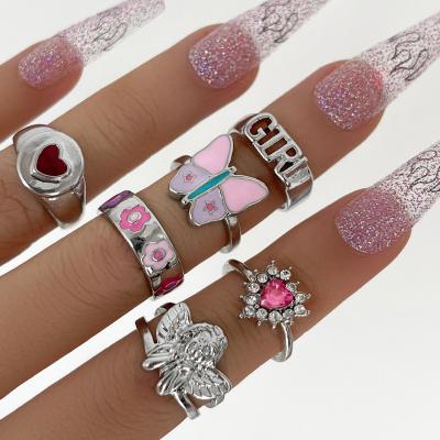 China Nickel-Free Lead-Free 6pcs/set Cute Pink Butterfly Ring Set for Women Gothic Angel Letter 