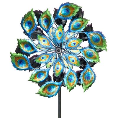 China Decorative Country Metal Solar Windmill Garden Double Stake Wheel Wind Spinner for sale