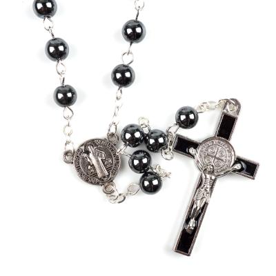 China Environmental Friendly St Benedict Cording Rosary 8mm Hematite Beads Religious Cross Necklace Catholic Black Woven Rosaries for sale