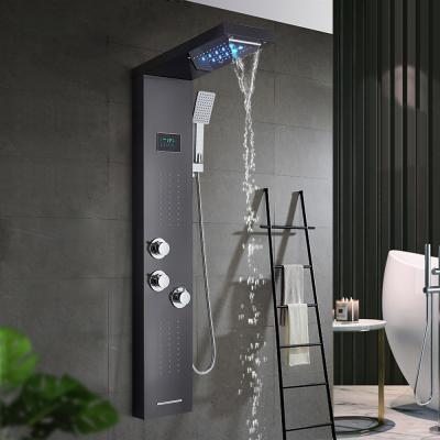 China Shower Panel LED Light Waterfall Rainless Black Slide Bar Brushed Nickel Shower System With Spa Massage Sprayer Head Handshower for sale