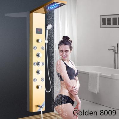 China Without Slide Bar Bathroom Shower Faucet LED Shower Panel Column Bathtub Gold Mixer Tap With Hand Shower Temperature Screen for sale