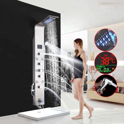 China Sliding Bar LED Bath Shower Faucet Stainless Steel Digital Display Bath Shower Faucet LED Digital Display Tower Shower Column Waterfall Massage SPA for sale