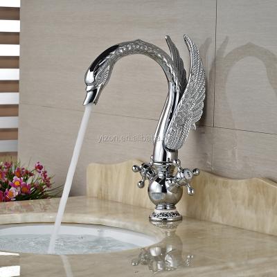 China Luxury Chrome Two Handle Swan Shape Animal Basin Sink Faucet High Grade Double Hole Deck Mounted Bathroom Mixer Taps for sale