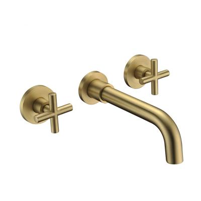 China 2019 Contemporary New Rose Gold Dark Three-hole Gold Brushed Bathroom Hot And Cold Water Faucet Copper Brushed Wall Mounted Basin Faucet for sale