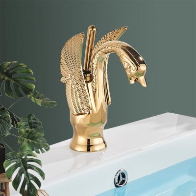 China Basin Faucets Swan Shape Gold Swan Shape Single Hole Faucet Brass Gold Bathroom Sink Centerset Basin Mixer Tap Gold Finish Swan Faucet for sale