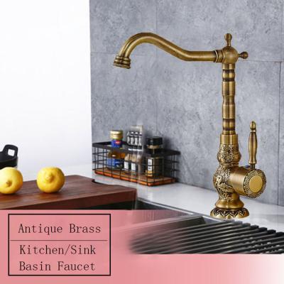 China Antique Brass Sink Faucets Single Handle Rotating Neck Basin Kitchen Basin Faucets Deck Mounted Hot&Cold Water Mixing Faucet for sale