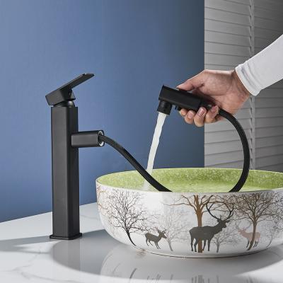 China Contemporary Black Matte Blac Basin Faucet Bathroom Single Handle Pull Out Crane Deck Mount Two Mode Faucet Hot And Cold Spray Sink Faucet for sale