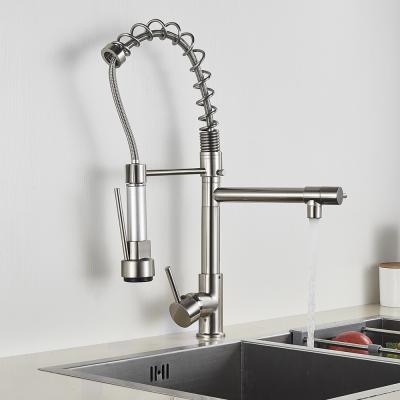 China Contemporary Kitchen Faucet Brushed Nickel Spring Pull Out Single Handle Double Sprayer Side Spout Mixer Tap 360 Rotation for sale