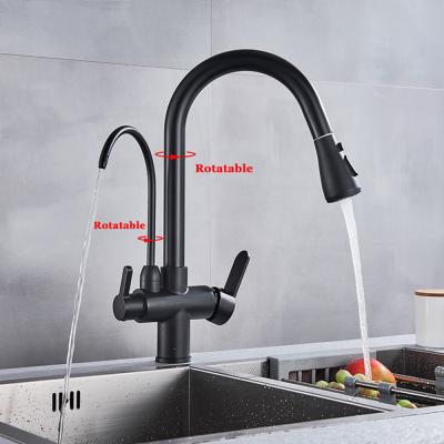 China Dual Water Spout Matte Black Filtered Crane For Kitchen Pull Out Spray 360 Rotation Water Filtration Faucet Three Ways Pull Down Mixer Kitchen Faucet for sale