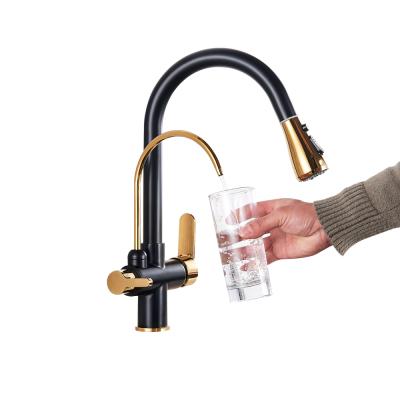 China Double Water Spout Kitchen Faucets For Black And Gold Filtration Faucet Pull Out Faucet Three Ways Pull Down Mixer Kitchen Faucet 360 Rotate Deck Mounted for sale