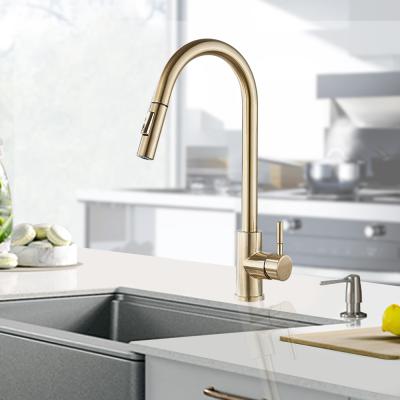 China Double Swivel Spout Kitchen Faucet Pull Out Brushed Gold Kitchen Sink Water Faucet Single Handle Mixer Tap 360 Rotation Kitchen Faucet for sale