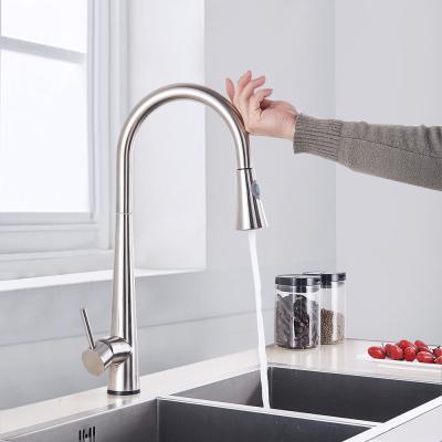 China Double Faucets Water Outlet Spout Touch Sensor Kitchen Faucet Brushed Nickel Pull OutSink Mixer Kitchen Faucet 360 Degree Rotate Deck Mount Hot Cold for sale