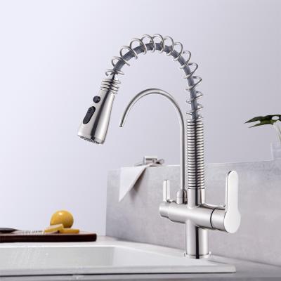 China Double Water Spout Kitchen Faucets Pull Out Filtration Faucet Brushed Nickel Three Ways Pull Down Mixer Kitchen Faucet 360 Rotate Deck Mount Hot Cold Water for sale