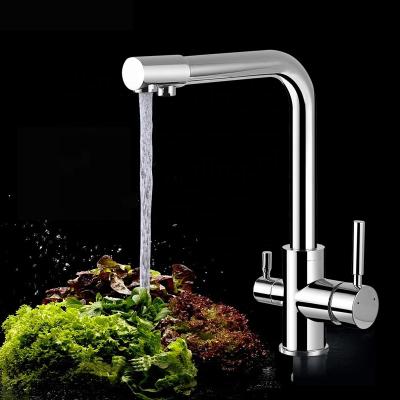 China Contemporary Brushed Nickel Sleek Water Outlet Kitchen Mixer Tap Kitchen Faucet Pure Water Filter Deck Mounted Double Handles for sale