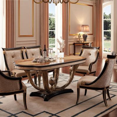 China British natural veneer marquetry antique style wood carved oval dining set 6/8 seaters for villa for sale