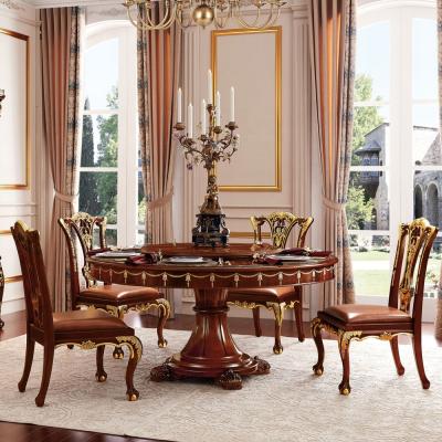 China British style luxury round type solid wood royal classic dining set with premium natural knot inlay for sale