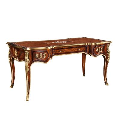 China Brass Veneer British Classic Marquetry Knot Decor Furniture Office Solid Wood Table With Antique Desk Chair for sale