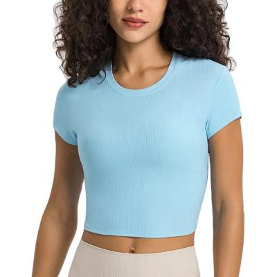 China Anti-wrinkle Wholesale custom gym wash wheel cotton knit half T-shirt women's slim-fit crop top T-shirt for sale