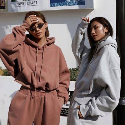 China Anti-wrinkle Hoodies For Woman Wool Hoodie Set Winter Fleece Tracksuit 2 Piece Women Set Top Crop Hoodie Women Oversized Sweatshirt for sale