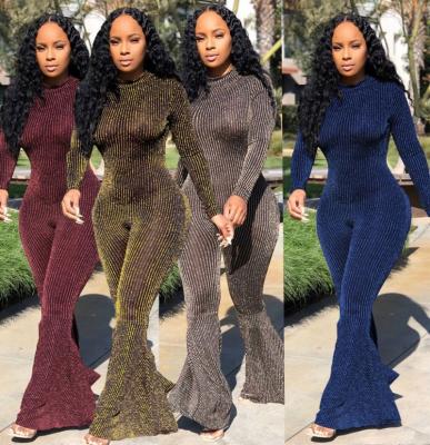 China Viable clothing 2021 fall leisure high waist striped sequin solid color flare one-piece jumpsuit playsuit pant 1 for sale