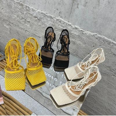 China Fashion Trend 211112-3 35-42 Fashion Sandal Mesh Strap Breathable Square High Heels For Women for sale