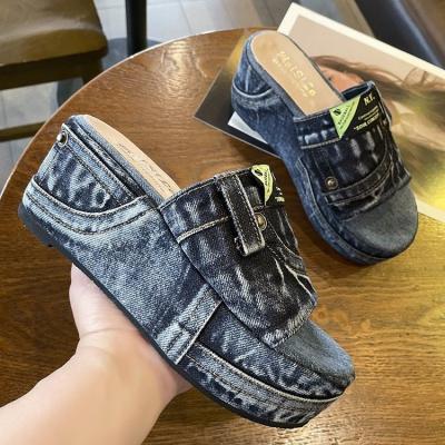 China 210913 Peep-toe fashion denim wear 35-42 fashion flat platform external platform slippers women uniterms slippers for sale