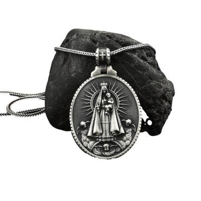 China Vintage Gothic Virgin Mary Necklace Gun Metal Necklace Tin Christian Gothic Pendant Chunky The for sale