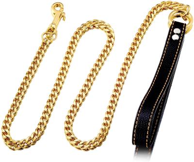 China Personalized Luxury GOLD Chain Dog Leash Metal Chew Proof Heavy Duty Pet Leash Chain With Padded Handle for sale